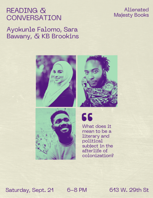 A Reading with Ayokunle Falomo, Sara Bawany, and KB Brookins