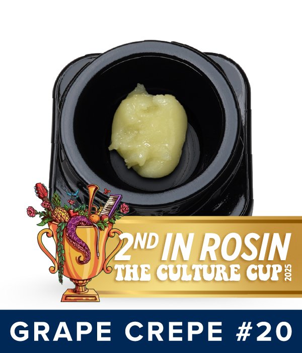 Grape Crepe #20 Live Hash Rosin. Link to blog post. Award-winning - 2nd in rosin at the Culture Cup 2025.