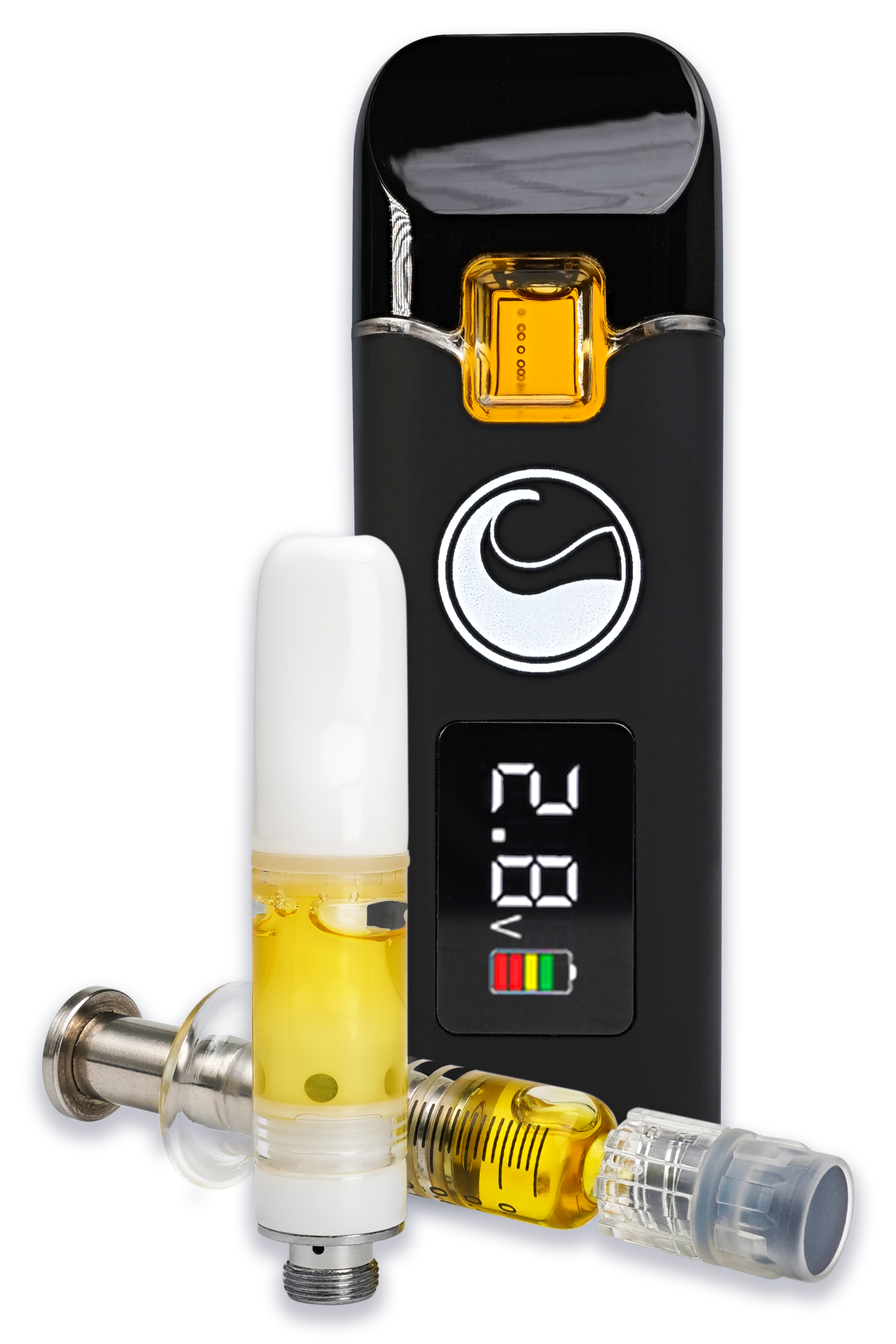 Cannabis extract cartridge and syringe dispenser together.Cannabis extract cartridge, all-in-one vape, and syringe dispenser together.