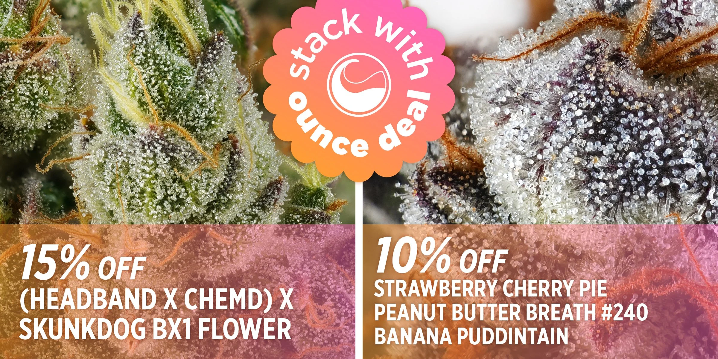 15% OFF (HEADBAND X CHEMD) X SKUNKDOG BX 1 FLOWER, 10% OFF STRAWBERRY CHERRY PIE, PEANUT BUTTER BREATH, BANANA PUDDINTAIN FLOWER