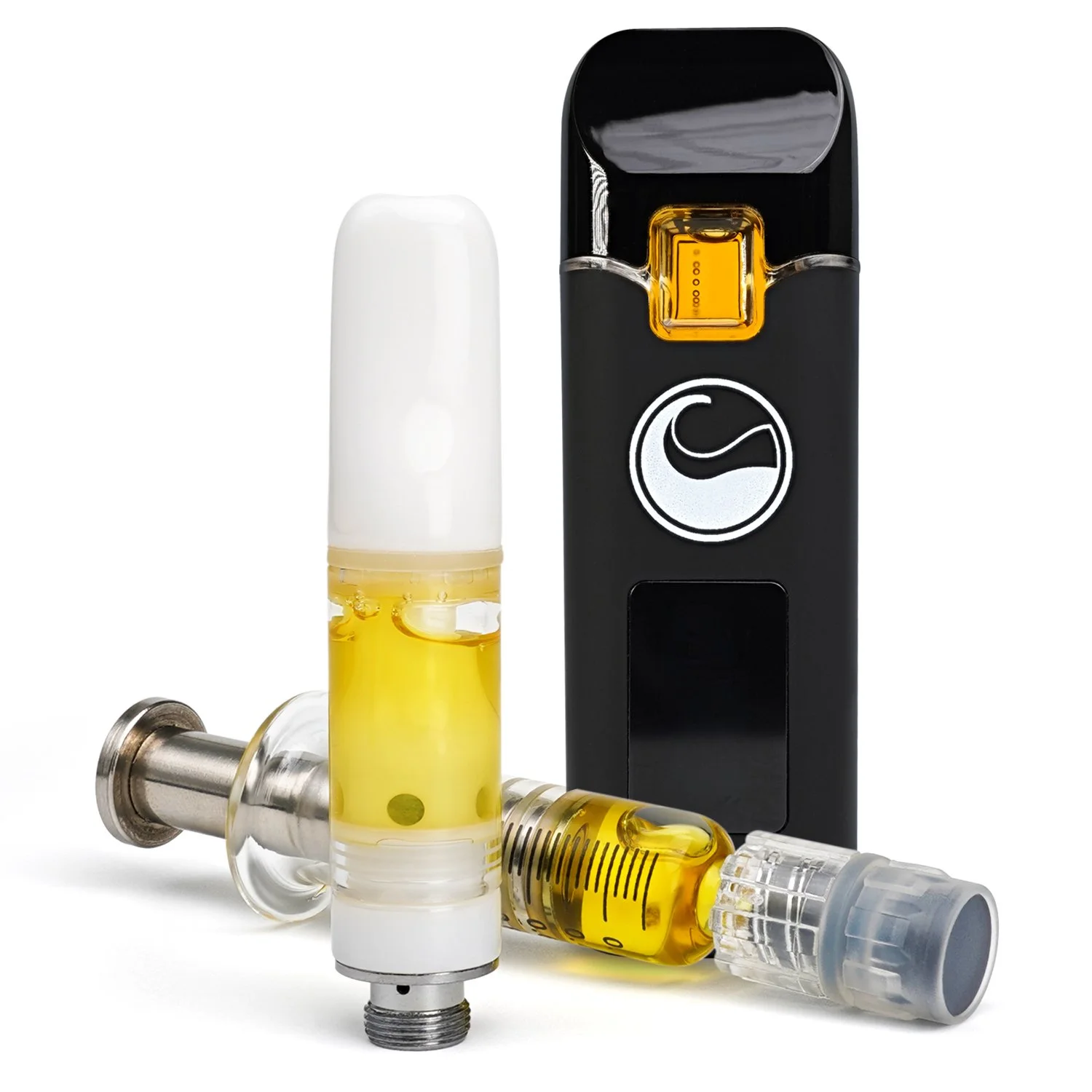 Cannabis extract cartridge, dispenser, and all-in-one vape together.