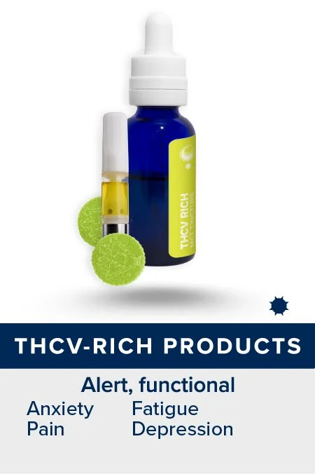 THCV-Rich Products: Extract Cartridges, MCT Tinctures, and Gummies. Daytime use. Patients report alert, functional effects and relief for anxiety, pain, fatigue, and depression.