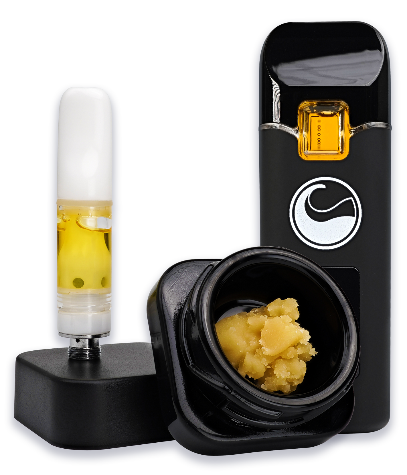 Live Hash Rosin Cartridge and All-in-One vape next to Live Hash Rosin in black glass jar