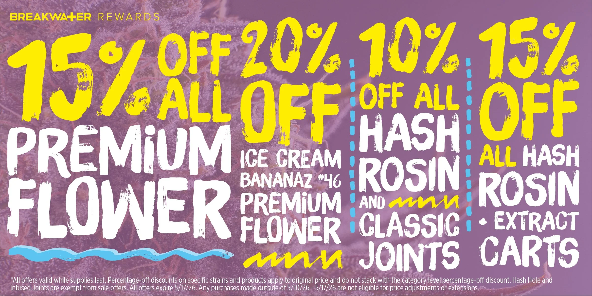 15% Off Premium Flower, 20% Off Ice Cream Bananaz #46 Flower, 10% Off Hash Rosin and Classic Joints, 15% Off All Carts