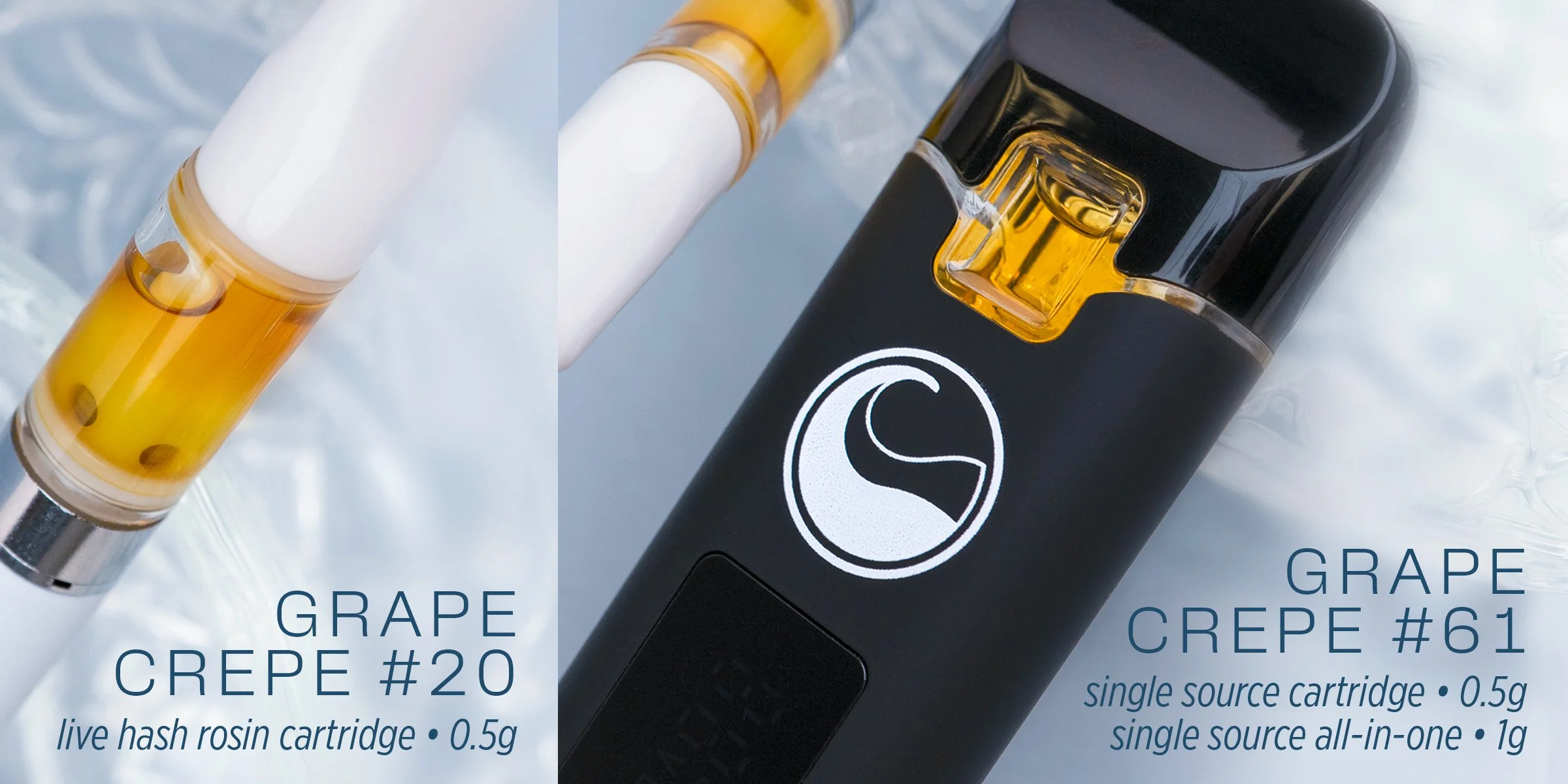 Grape Crepe #61 Single Source All-in-One - 1 gram Single Source Cartridge - 0.5 gram.  Grape Crepe #20 Live Hash Rosin Cartridge - 0.5 gram.