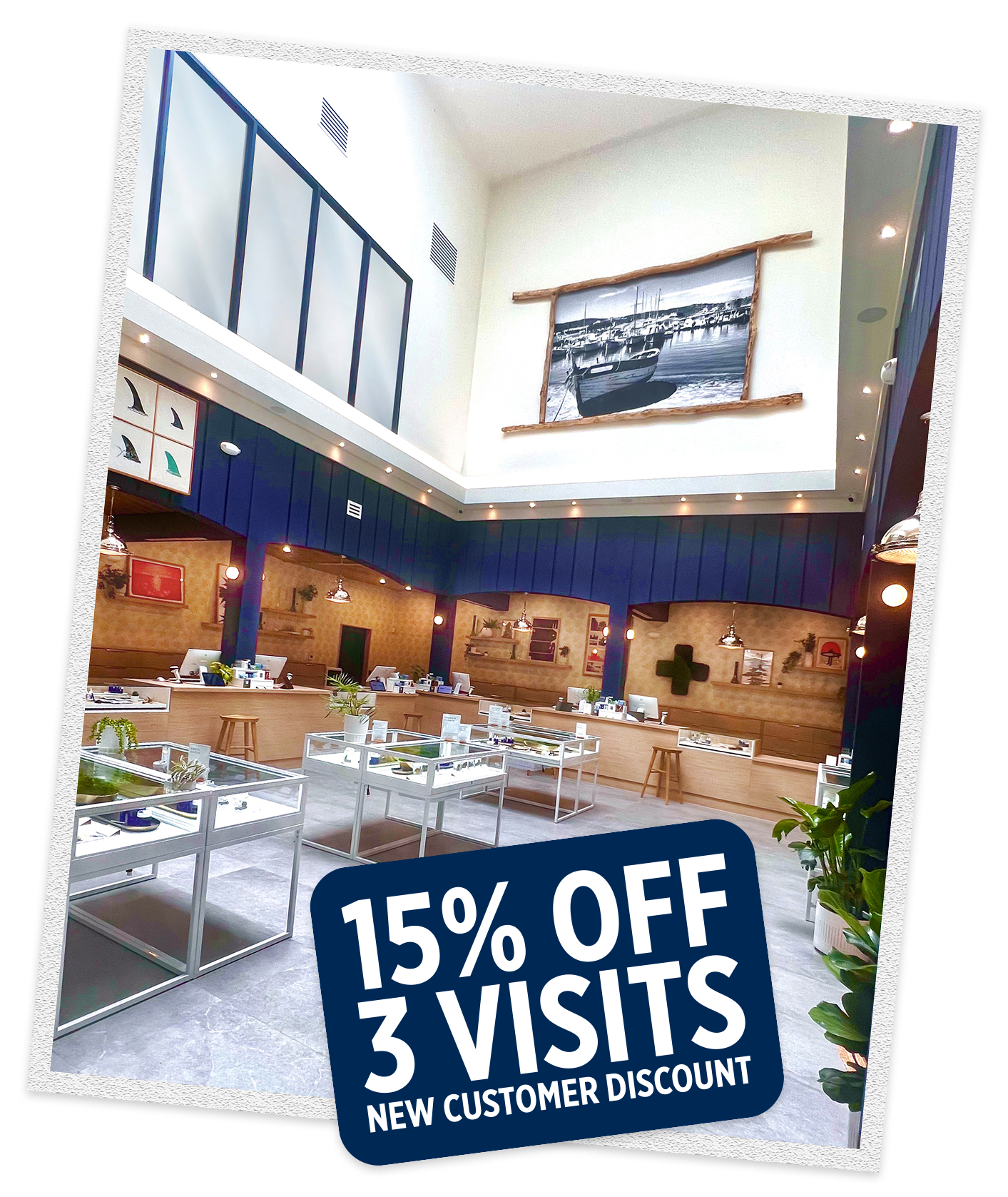 Bright, inviting interior of Breakwater's Roselle Park Dispensary. 15% Off 3 Visits for New Customers.