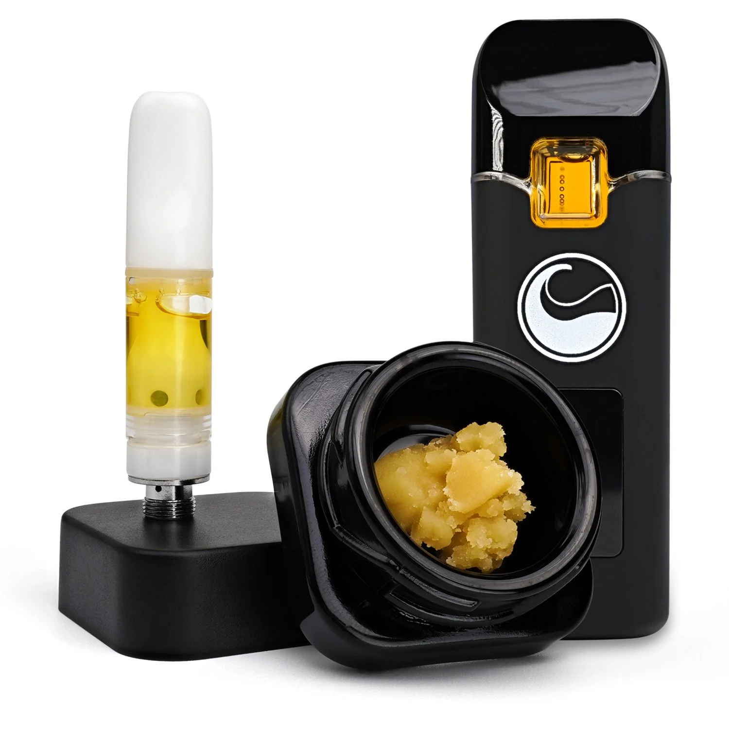 Live Hash Rosin in open black glass packaging with Live Hash Rosin Cartridge sitting upright on black jar lid and all-in-one vape in background.