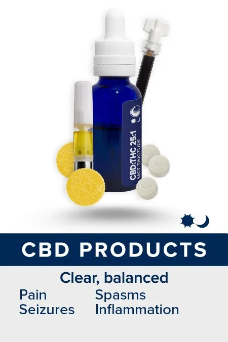 CBD Products: Extract Cartridges, CBD-Rich RSO, MCT Tinctures, Gummies, and Lozenges. Anytime use. Patients report clear, balanced effects and relief from pain, seizures, spasms, and inflammation.