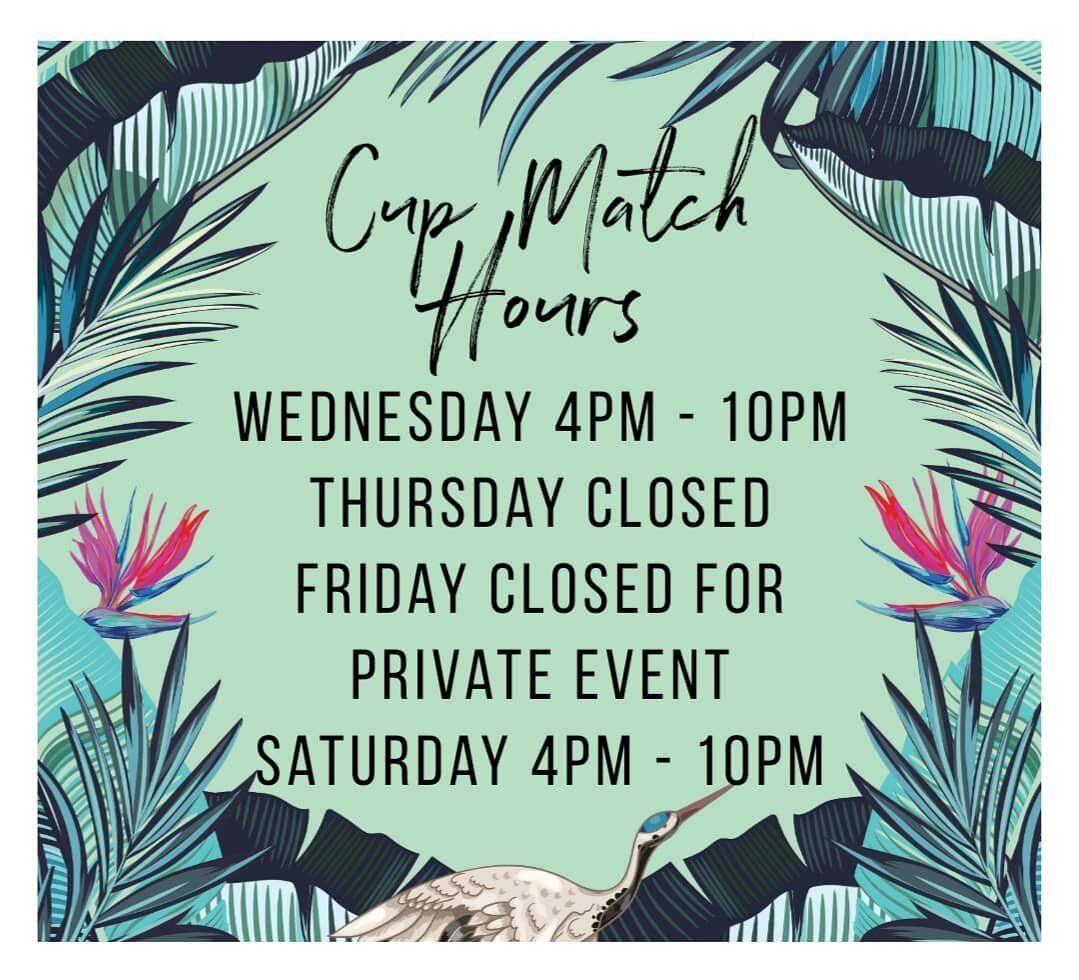 Check out our Cup Match hours for this coming week 🍹 DM us anytime for more info and watch this space for upcoming events!
#bermuda #islandvibes #cupmatch2020