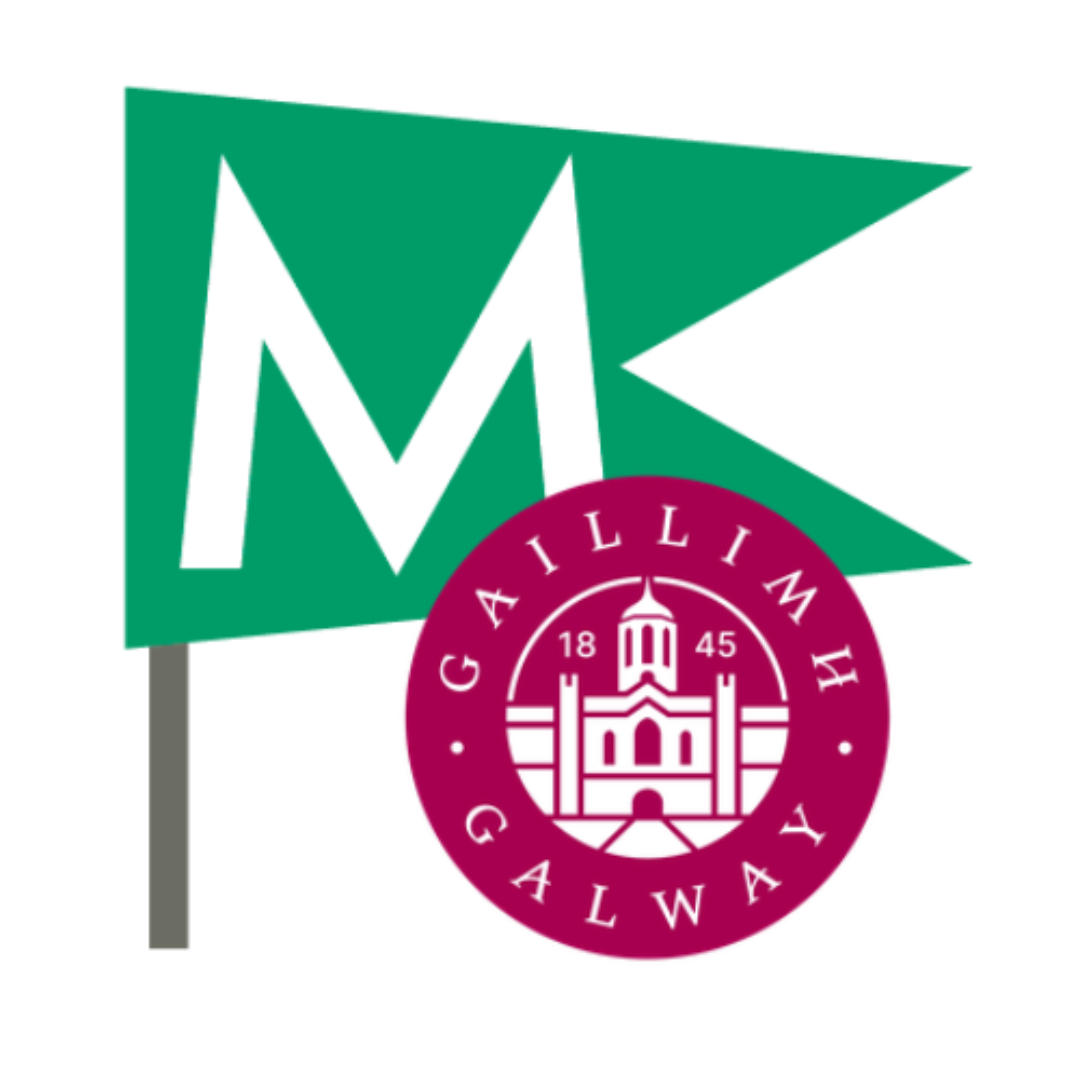 Flag with a large white letter M on a green background, overlapping a maroon circular seal with the words GAILLIMH GALWAY and an illustration of a building with a tower, and the years 1845.