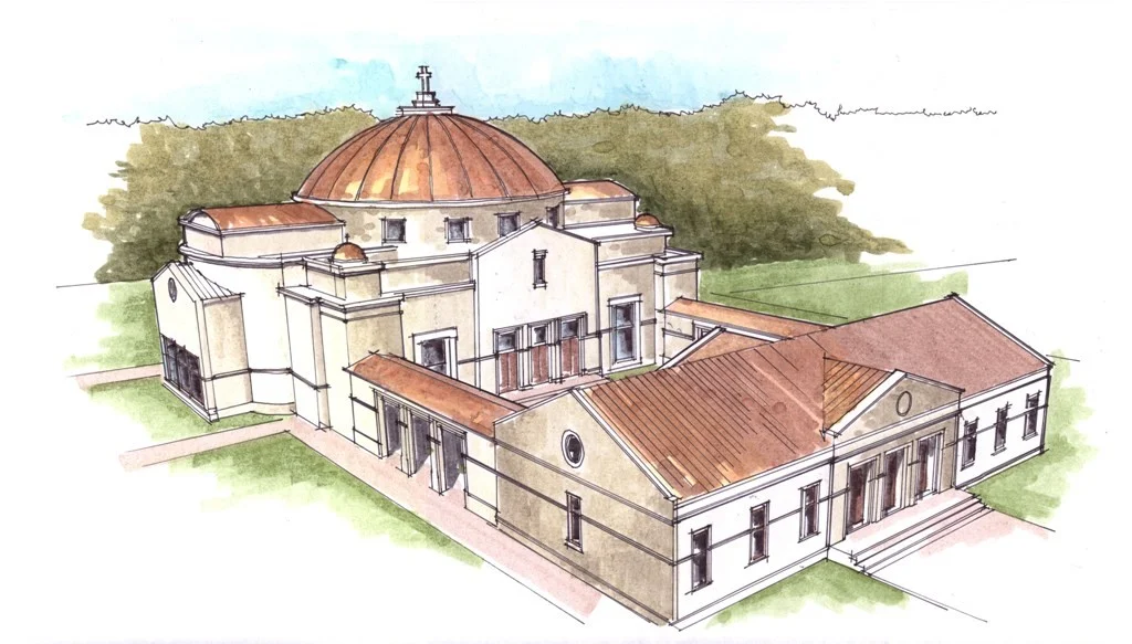 An artistic rendering of what our future Temple might look like next to our current building.