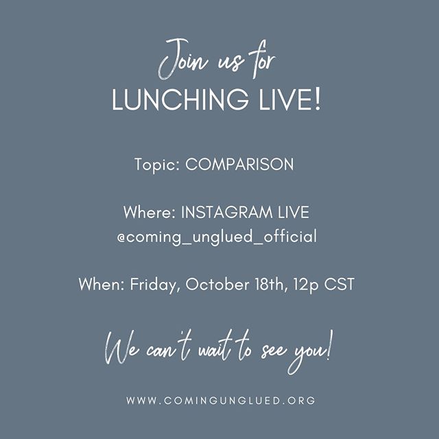 News flash! We are going LIVE on Insta this Friday at 12p CST! Grab your lunch and join us as we tackle the topic of COMPARISON. ⠀⠀⠀⠀⠀⠀⠀⠀⠀
⠀⠀⠀⠀⠀⠀⠀⠀⠀
Why do we compare ourselves to other women?⠀⠀⠀⠀⠀⠀⠀⠀⠀
⠀⠀⠀⠀⠀⠀⠀⠀⠀
How do we stop?⠀⠀⠀⠀⠀⠀⠀⠀⠀
⠀⠀⠀⠀⠀⠀⠀⠀⠀
Tog