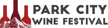 Logo for the Park City Wine Festival featuring stylized mountain peaks and two wine bottles.