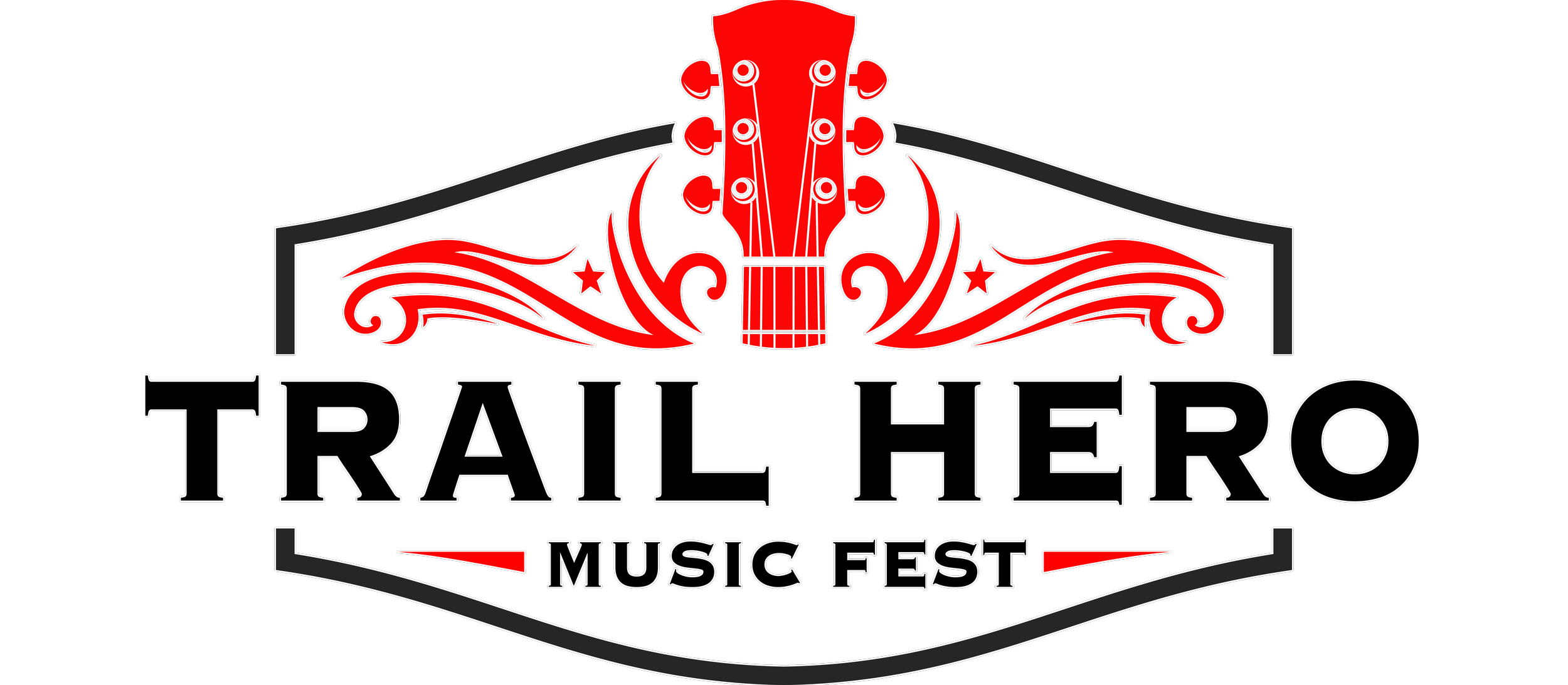 Logo for Trail Hero Music Fest featuring a stylized red guitar headstock with decorative red and white flourishes, and text that reads 'Trail Hero Music Fest' in black letters with red accents on a black background.