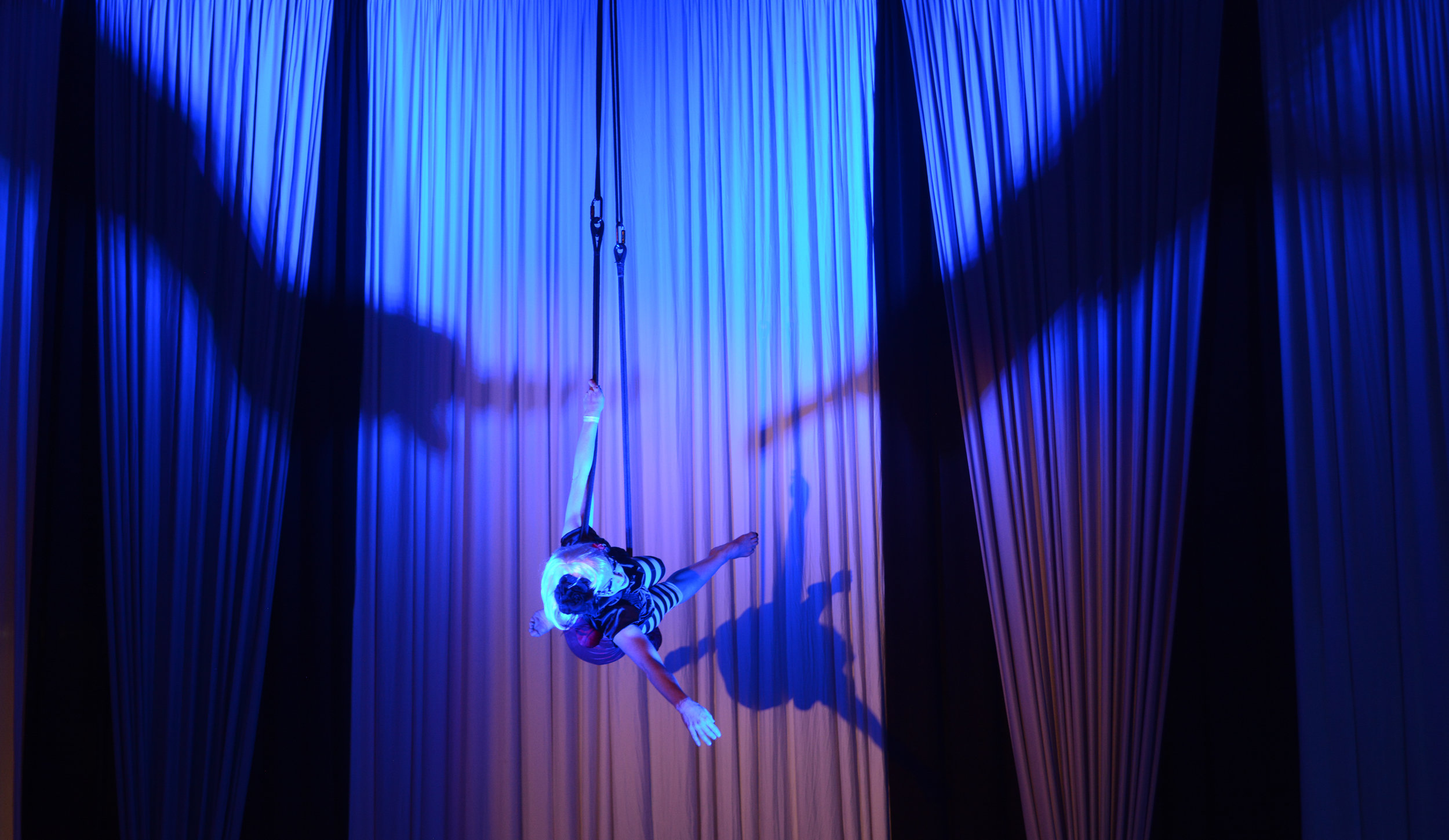 An aerialist performs at a corporate event.