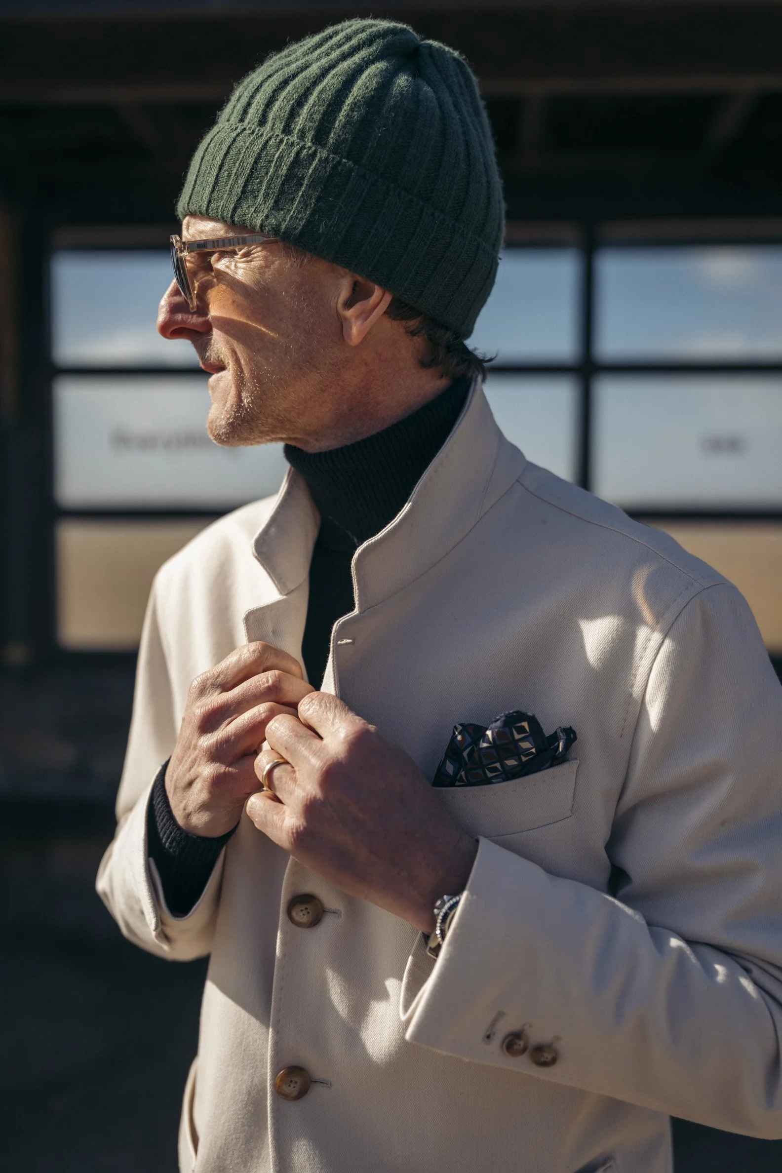 David wearing ecru cotton jacket