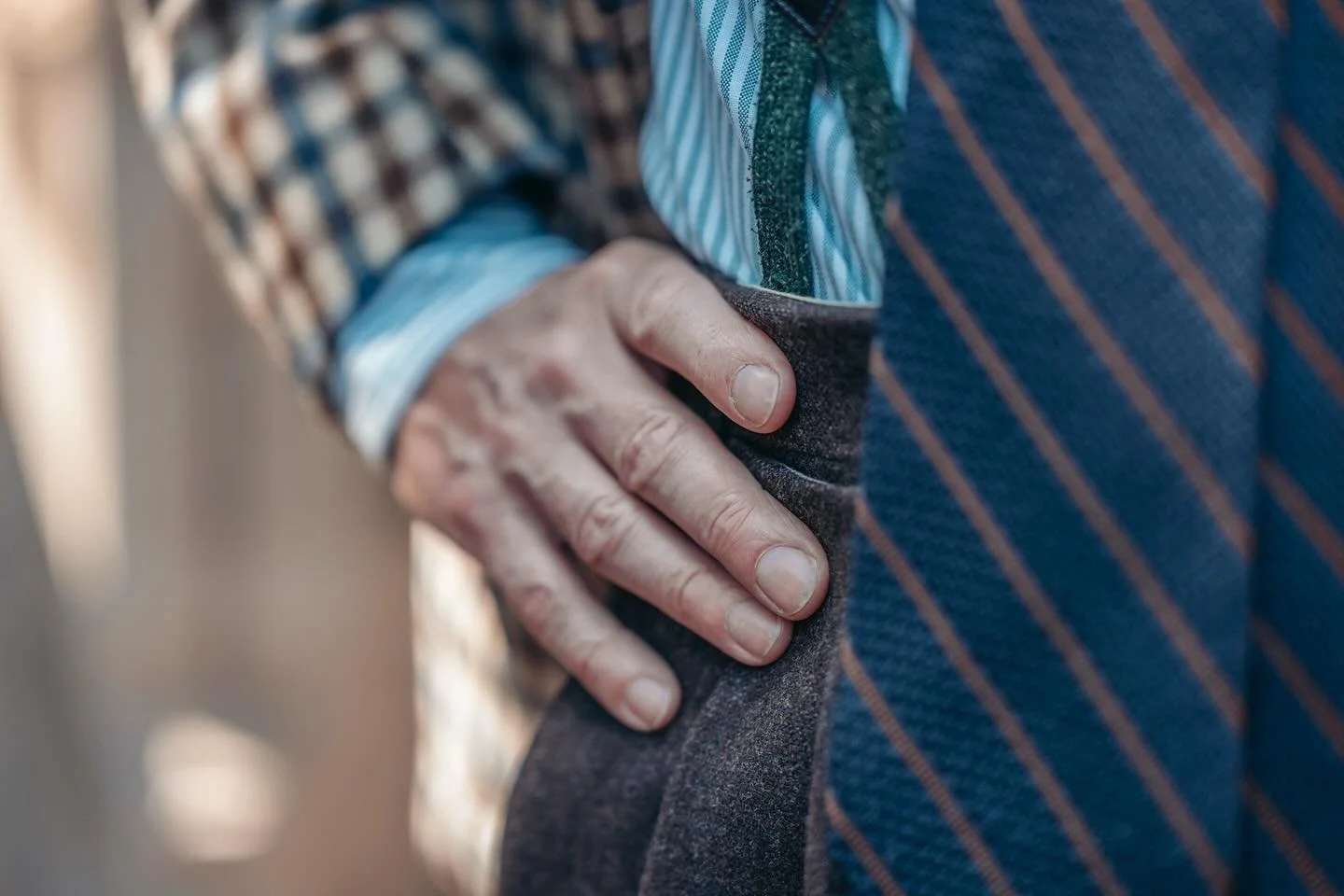Hi-waisted Trousers now available, cut to the navel as opposed the hip bones where hipsters of the 1960&rsquo;s decided to wear their Trousers for the first as they did their jeans..

Fatto-in-Italia unlined Jacket in Porter &amp; Harding Lonedin pla