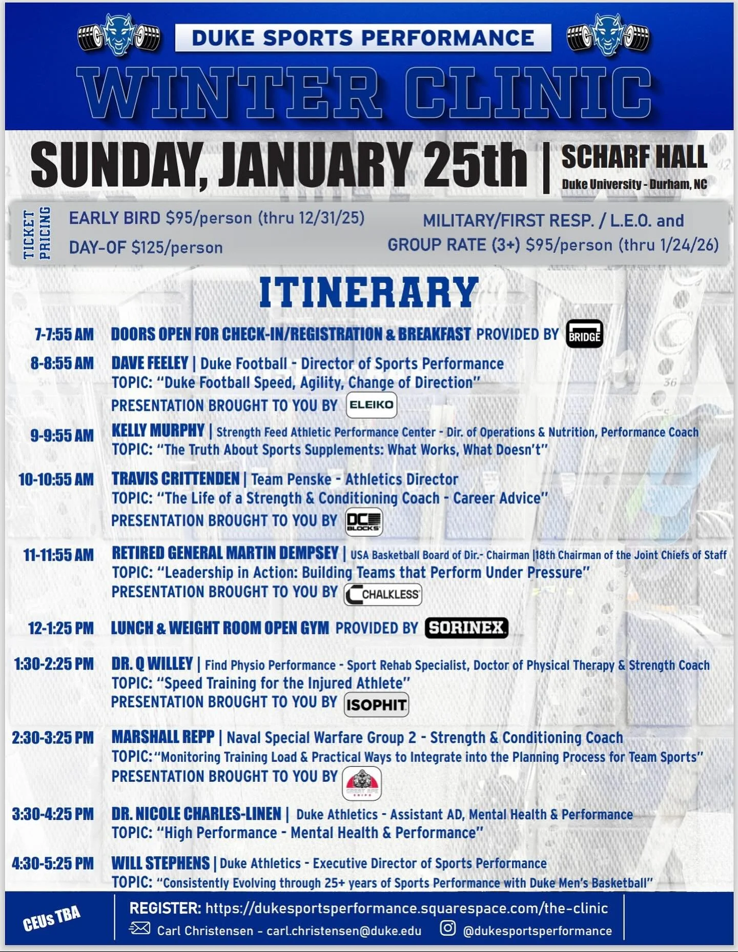 🔥 𝕆𝕗𝕗𝕚𝕔𝕚𝕒𝕝 𝕚𝕥𝕚𝕟𝕖𝕣𝕒𝕣𝕪 𝕛𝕦𝕤𝕥 𝕕𝕣𝕠𝕡𝕡𝕖𝕕 🔥

We&rsquo;re excited to share the full schedule for the 2026 Duke Sports Performance Winter Clinic! 👀 We&rsquo;ve also locked in some new partners who are supporting our upcoming even