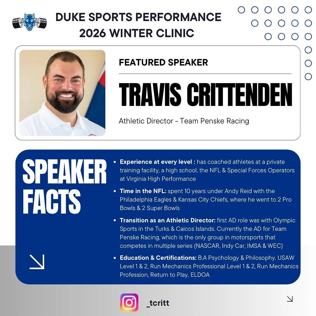 𝓣𝓱𝓮 𝓵𝓲𝓷𝓮-𝓾𝓹 𝓴𝓮𝓮𝓹𝓼 𝓰𝓮𝓽𝓽𝓲𝓷𝓰 𝓫𝓮𝓽𝓽𝓮𝓻&hellip;.👀🔥

We&rsquo;re pumped to have Travis Crittenden as a speaker for the 2026 Duke Sports Performance Winter Clinic! 💪

Travis is the Athletic Director for Team Penske Racing, which 