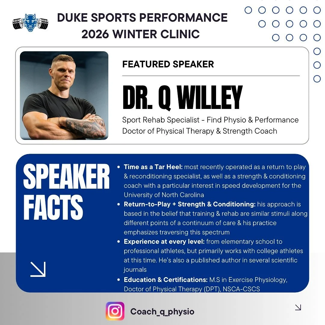 𝔸𝕕𝕕𝕚𝕟𝕘 𝕒𝕟𝕠𝕥𝕙𝕖𝕣 𝕙𝕖𝕒𝕧𝕪 𝕙𝕚𝕥𝕥𝕖𝕣 𝕥𝕠 𝕥𝕙𝕖 𝕝𝕚𝕟𝕖-𝕦𝕡 👀🔥

Meet Dr. Q Willey! He&rsquo;ll be joining us on January 25th for the Duke Sports Performance Winter Clinic, where he&rsquo;ll he presenting on speed training for the 