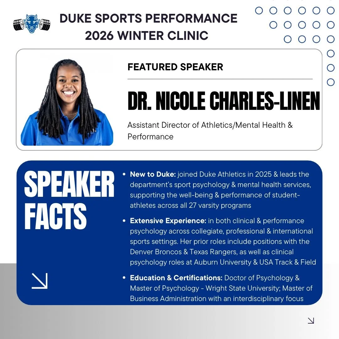 ✨ 𝑲𝒆𝒆𝒑 &lsquo;𝒆𝒎 𝒄𝒐𝒎𝒊𝒏𝒈!! ✨

Dr. Nicole Charles-Linen is joining the speaker line-up for the 2026 Duke Sports Performance Winter Clinic on January 25th! She will be presenting on mental health &amp; performance 🧠💪

Nicole joined Duke At