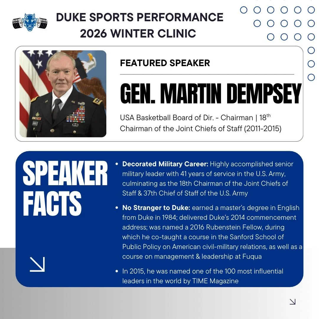 𝔹𝕚𝕘-𝕥𝕚𝕞𝕖 𝕝𝕖𝕒𝕕𝕖𝕣𝕤𝕙𝕚𝕡 𝕚𝕟𝕔𝕠𝕞𝕚𝕟𝕘 🇺🇸💪

We&rsquo;re incredibly honored to have retired General Martin Dempsey join our line-up of speakers for the 2026 Duke Sports Performance Winter Clinic! 🔥

General Dempsey is a highly accom