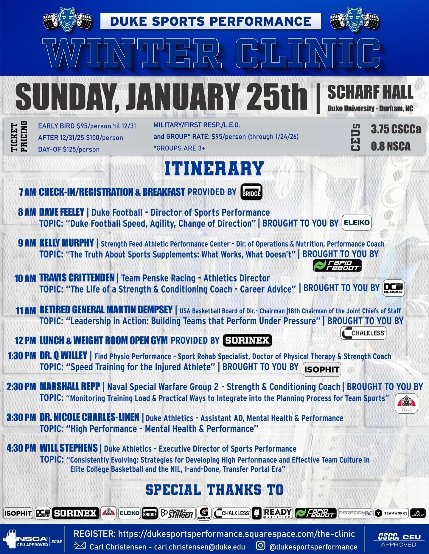 Time is running out &amp; spots are filling up! Register for the 2026 Duke Sports Performance Winter Clinic! 🗓️ 

🚨 January 25th 🚨

We&rsquo;re super excited to have 8 speakers in this year&rsquo;s line-up, coming from all aspects of performance! 