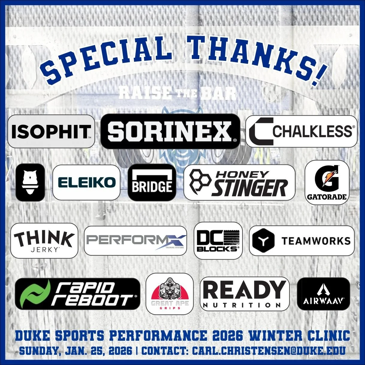 𝐀 𝐬𝐩𝐞𝐜𝐢𝐚𝐥 𝐭𝐡𝐚𝐧𝐤 𝐲𝐨𝐮 𝐭𝐨 𝐨𝐮𝐫 𝐩𝐚𝐫𝐭𝐧𝐞𝐫𝐬 🤝

We&rsquo;re less than 2 weeks away from the Duke Sports Performance Winter Clinic! This event wouldn&rsquo;t be possible without the support of our partners! 🫶 

Several of them wi