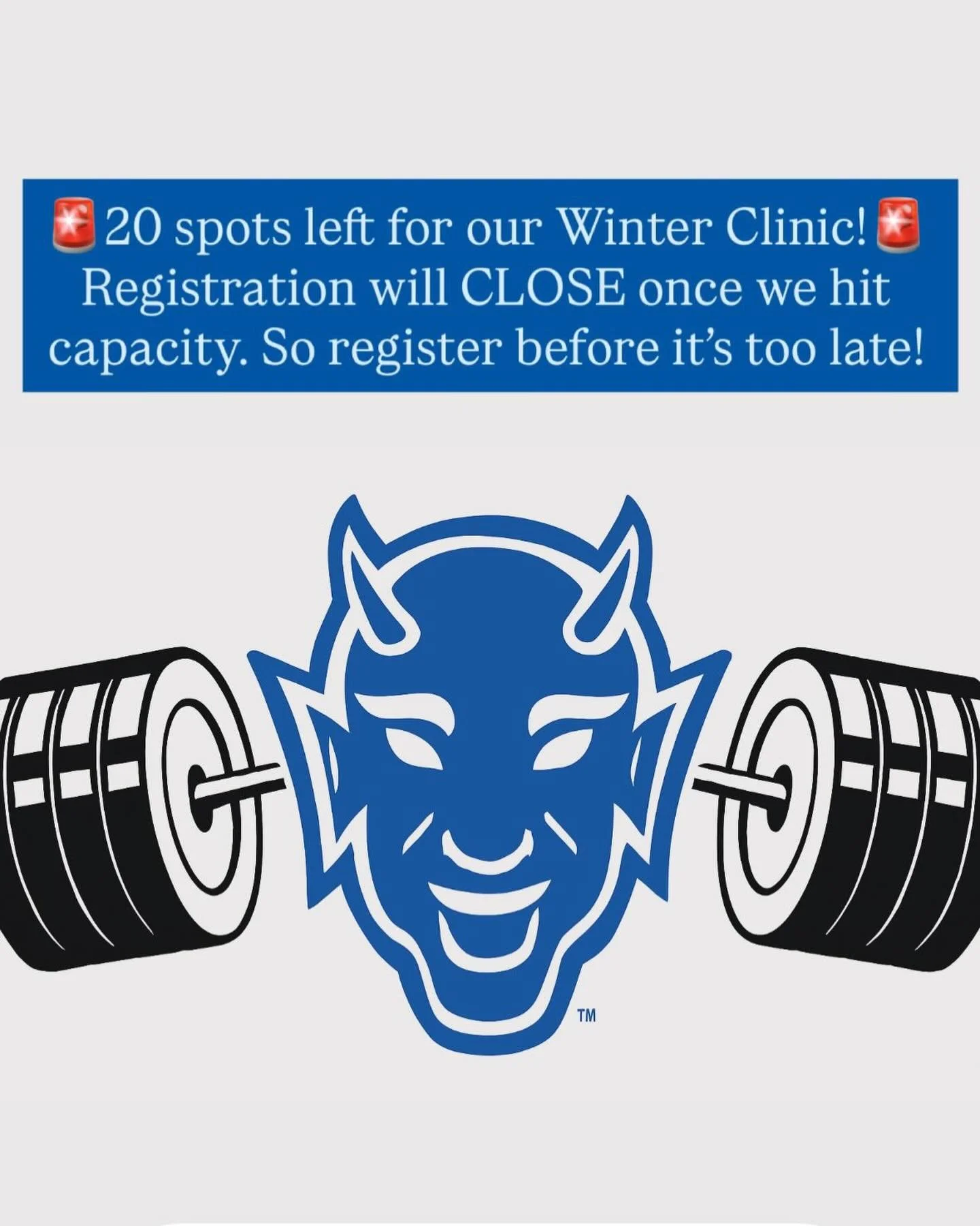 🚨 20 SEATS REMAIN!! 🚨

We&rsquo;re quickly approaching capacity for the Duke Sports Performance Winter Clinic!! Once reached, registration will CLOSE.

Check out the link in our bio &amp; secure your spot! 🎟️

#goduke #bluedevils #clinic #register