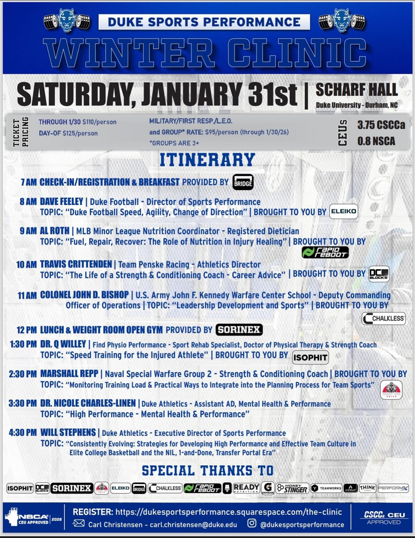 UPDATED CLINIC ITINERARY!

With the date change, we have 2 new speakers joining the line-up! We&rsquo;re excited to have Al Roth &amp; Colonel John D. Bishop join us next Saturday the 31st! 💪

🎟️ Registration is $110/person through 1/30
🎟️ Day-of 