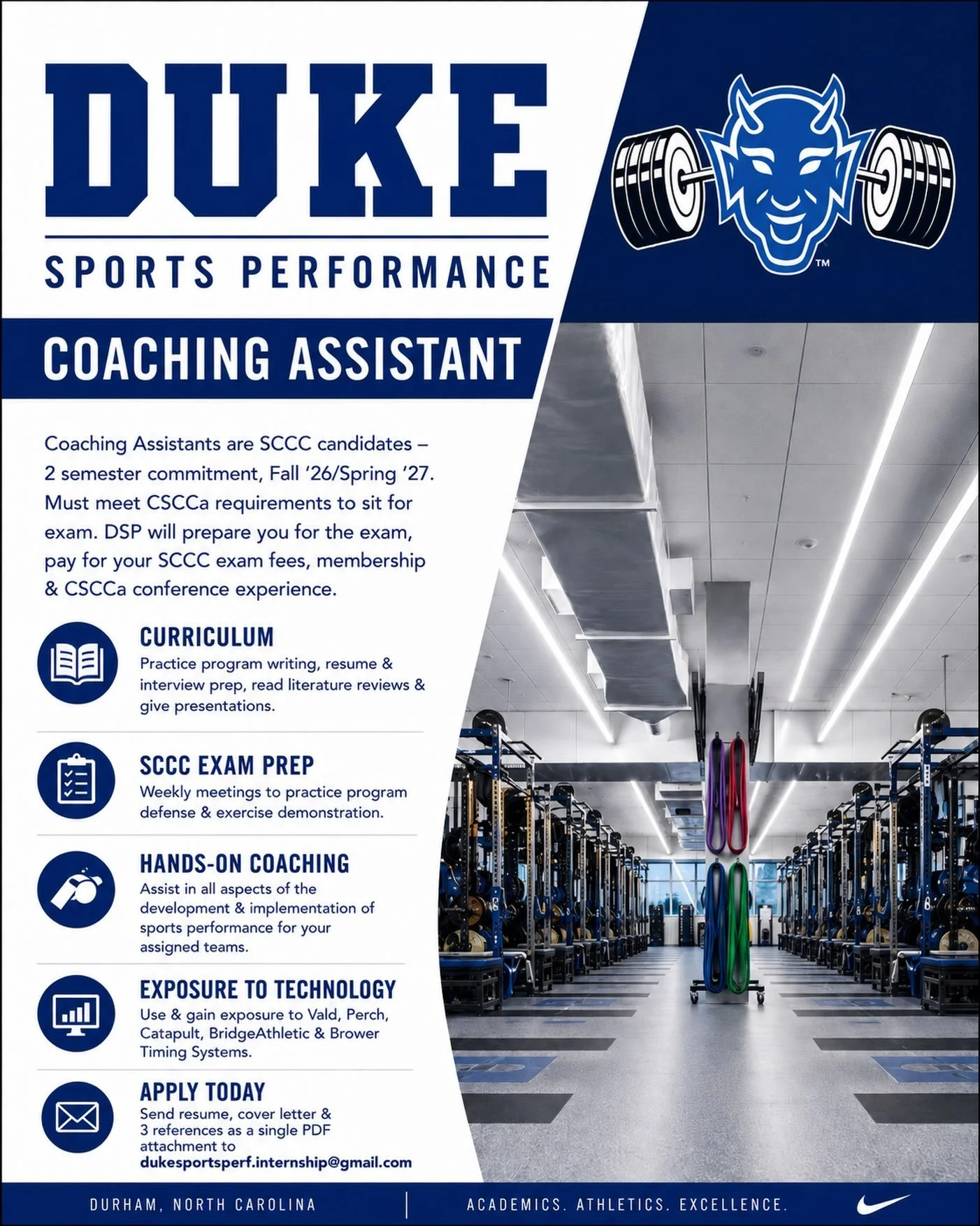 🚨 𝐎𝐩𝐞𝐧 𝐩𝐨𝐬𝐢𝐭𝐢𝐨𝐧 𝐟𝐨𝐫 𝐂𝐨𝐚𝐜𝐡𝐢𝐧𝐠 𝐀𝐬𝐬𝐢𝐬𝐭𝐚𝐧𝐭! 🚨

Join our staff for a 2-semester, coaching assistant experience to prepare future sports performance coaches for earning the SCCC certification.

Our Coaching Assistants will