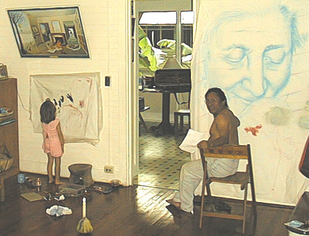 Agosto del 2000, en Gamboa. Ani Ventocilla, nuestra ilustradora, de pequeñita. Pintando a la par de Ologuagdi, siempre grande.