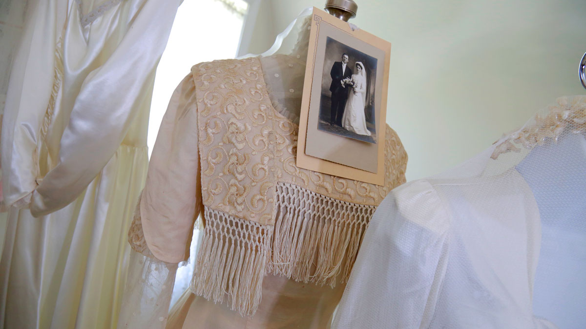 Vintage wedding dresses are on display