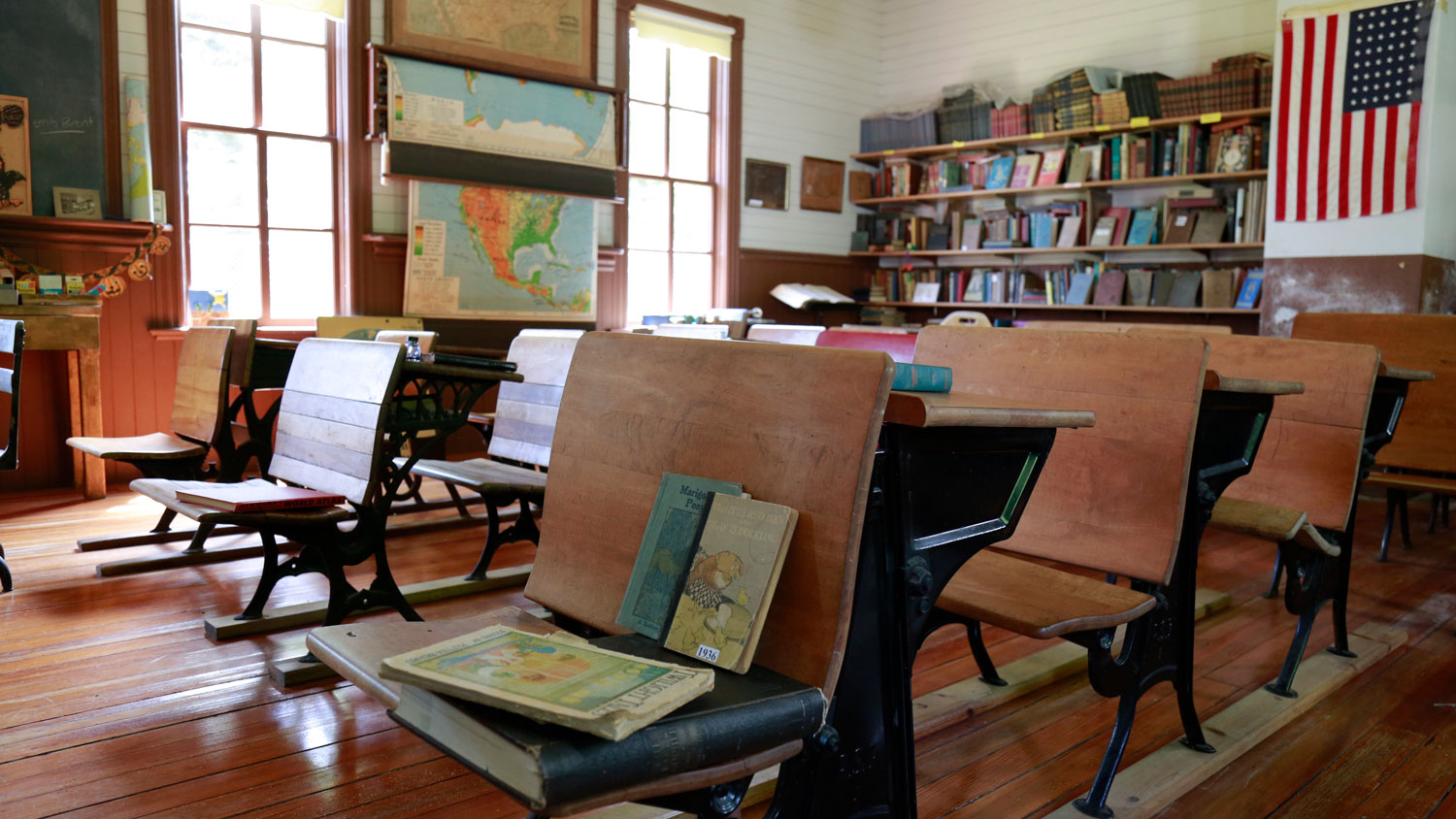 Interior view of the classroom in a one room schoolhouse