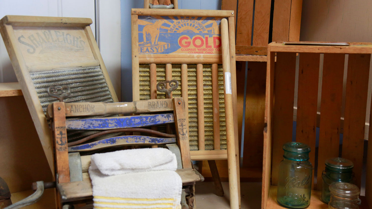 Old washboards and wash day supplies