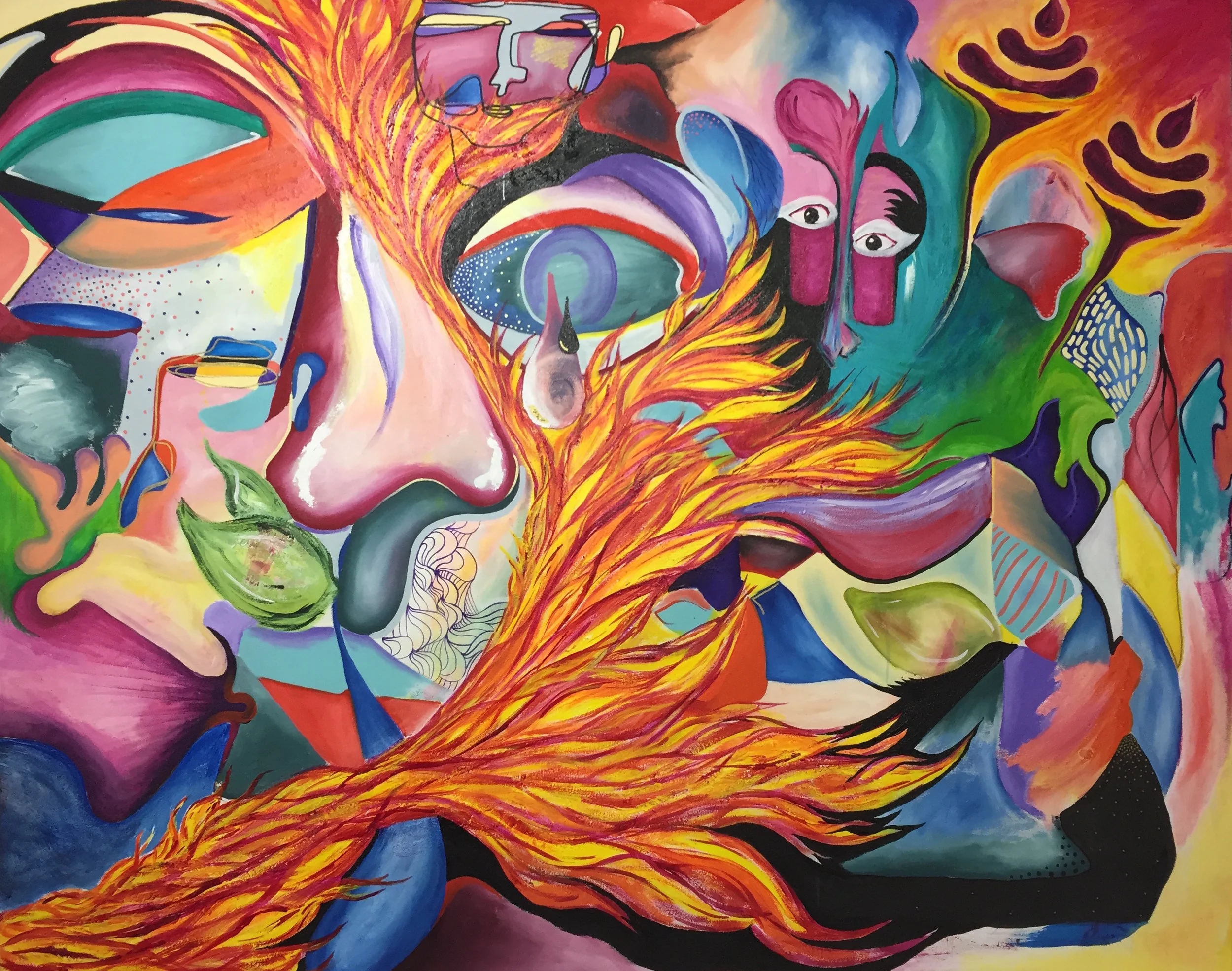 I See Fire 48” by 60” Acrylic and Oil on Canvas. Collaborative effort with Brenda Nachreiner SOLD