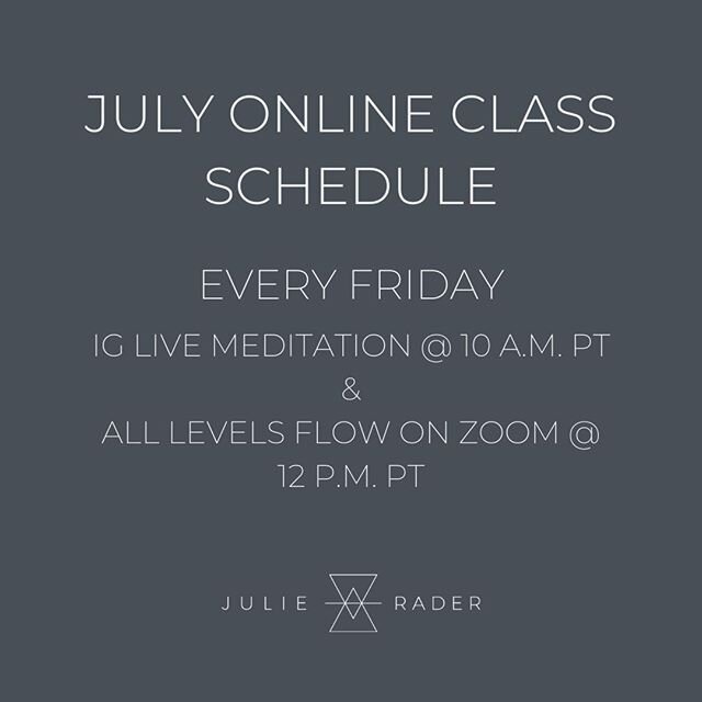 My weekly class schedule will remain the same in July! Every Friday, I'll lead you through a meditation on Instagram Live at 10 a.m. PT. Then at 12 p.m. PT, we'll work through an all levels flow on Zoom. Link in bio for the Zoom class!🤗