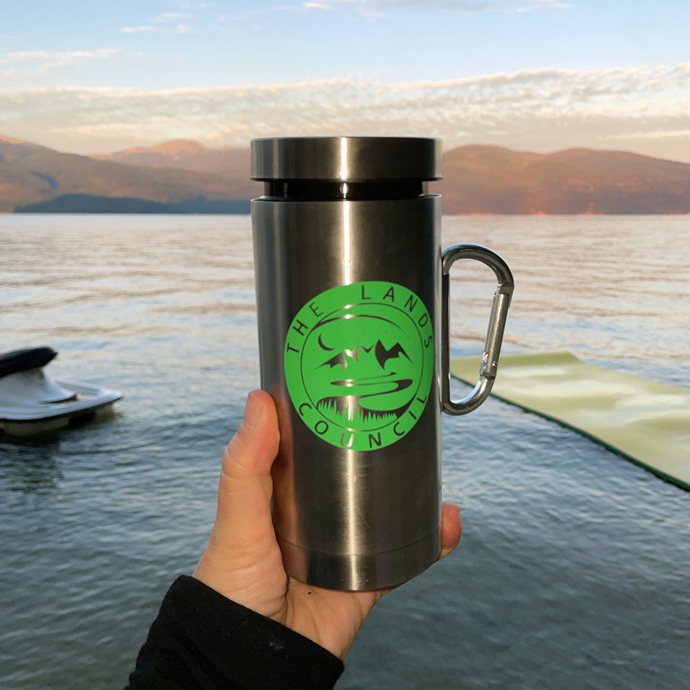 TLC 12 Oz. Stainless Steel Travel Mug w/ Carabiner Handle & Screw On Lid —  The Lands Council