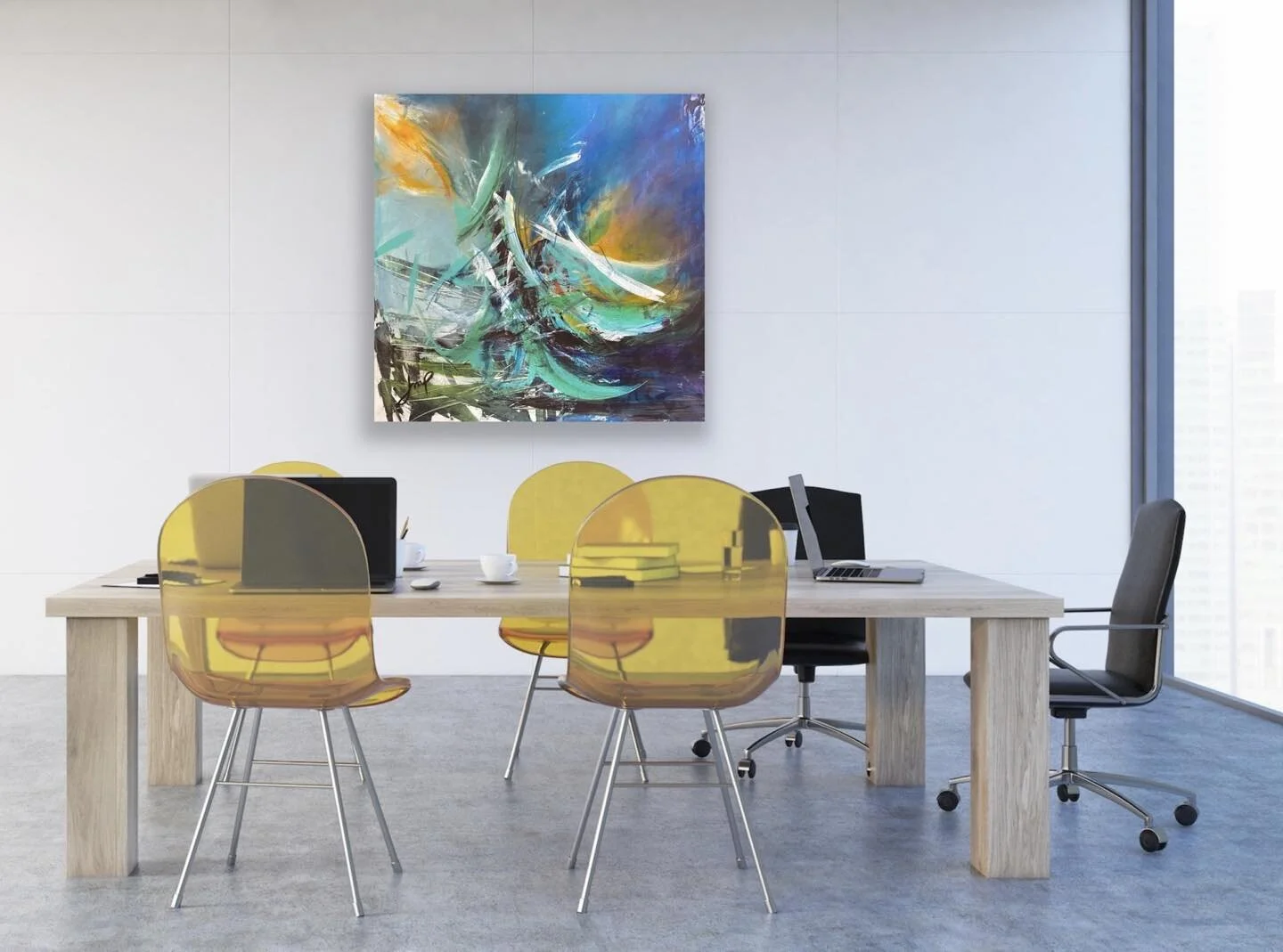 Dear blank white walls in office spaces, you don&rsquo;t inspire people to gather. It&rsquo;s time to add some art! #abstractartist #abstractexpressionism #artist #painter #onthewall