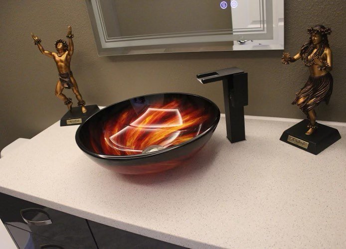 Countertop install after the final touches 🔥 This counter features a vessel sink and waterfall faucet 

Countertop made in HiMacs Acrylic
Color: Arcas 

#himacsdesign #himacsusa #himacsacrylic #himacsarcas #arcas #solidsurfaceacrylic #custommade #cu