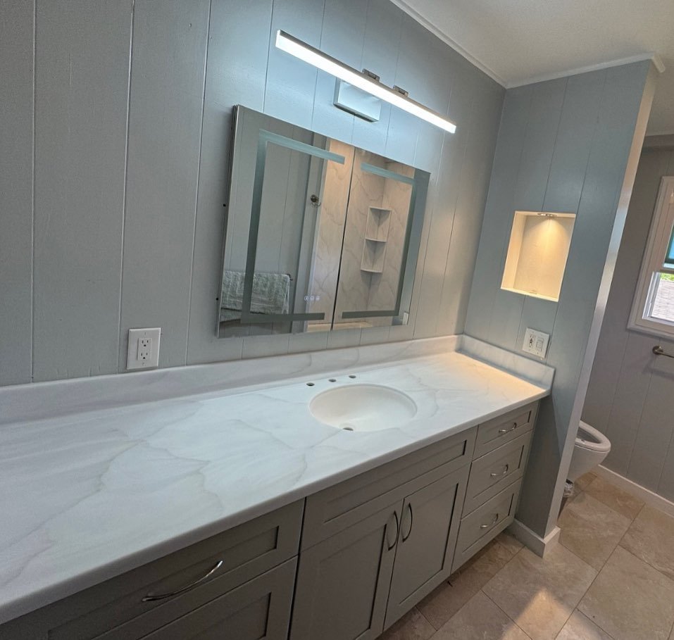 Elevate your bathroom with a custom fit countertop made in solid surface acrylic! ✨ Swipe to see this stunning color up close ➡️➡️➡️

 #CustomDesign #BathroomInspo #SolidSurface #ModernLuxury #custommade #countertopsfabricator #solidsurfacecountertop