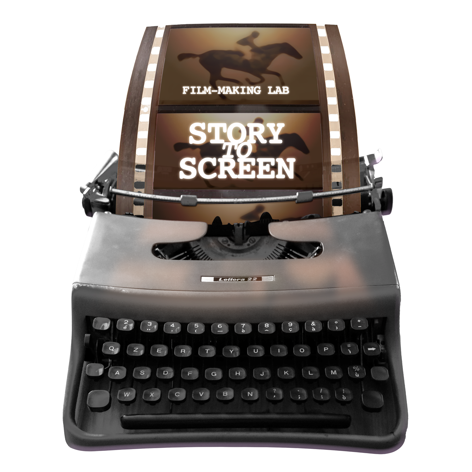 A roll of film with text "Story to Screen" coming out of a typewriter