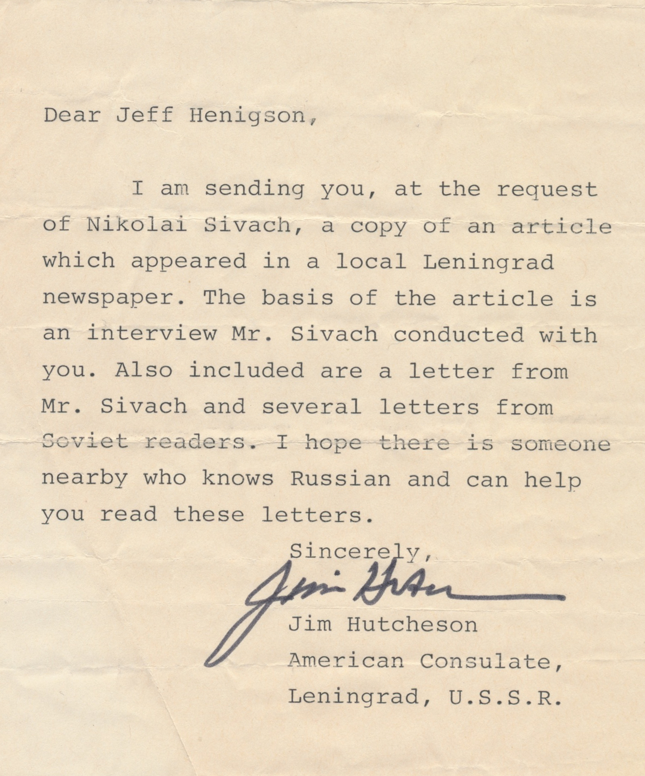 Letter to Jeff from U.S. Consulate office, Leningrad