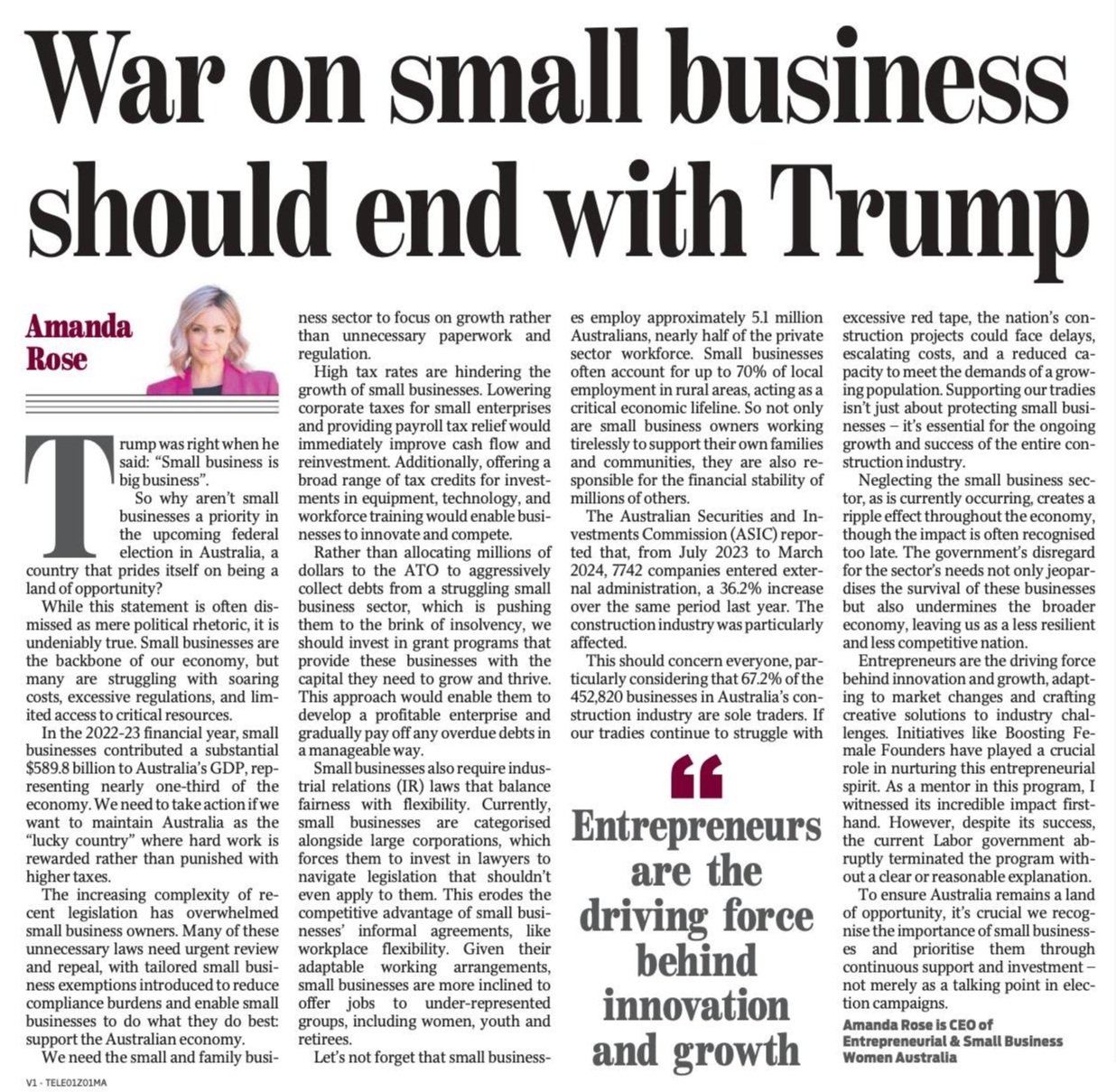 Daily Telegraph – War on Small Business