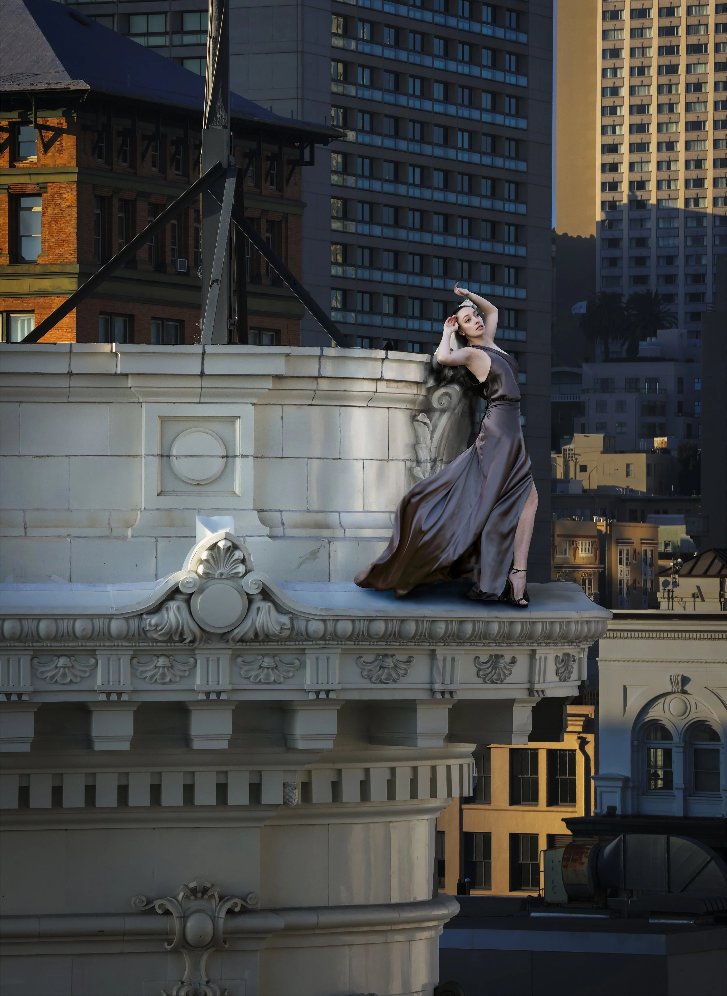  Portrait by Gian Andrea di Stefano featuring Leslie wearing taupe, silk dress. 
