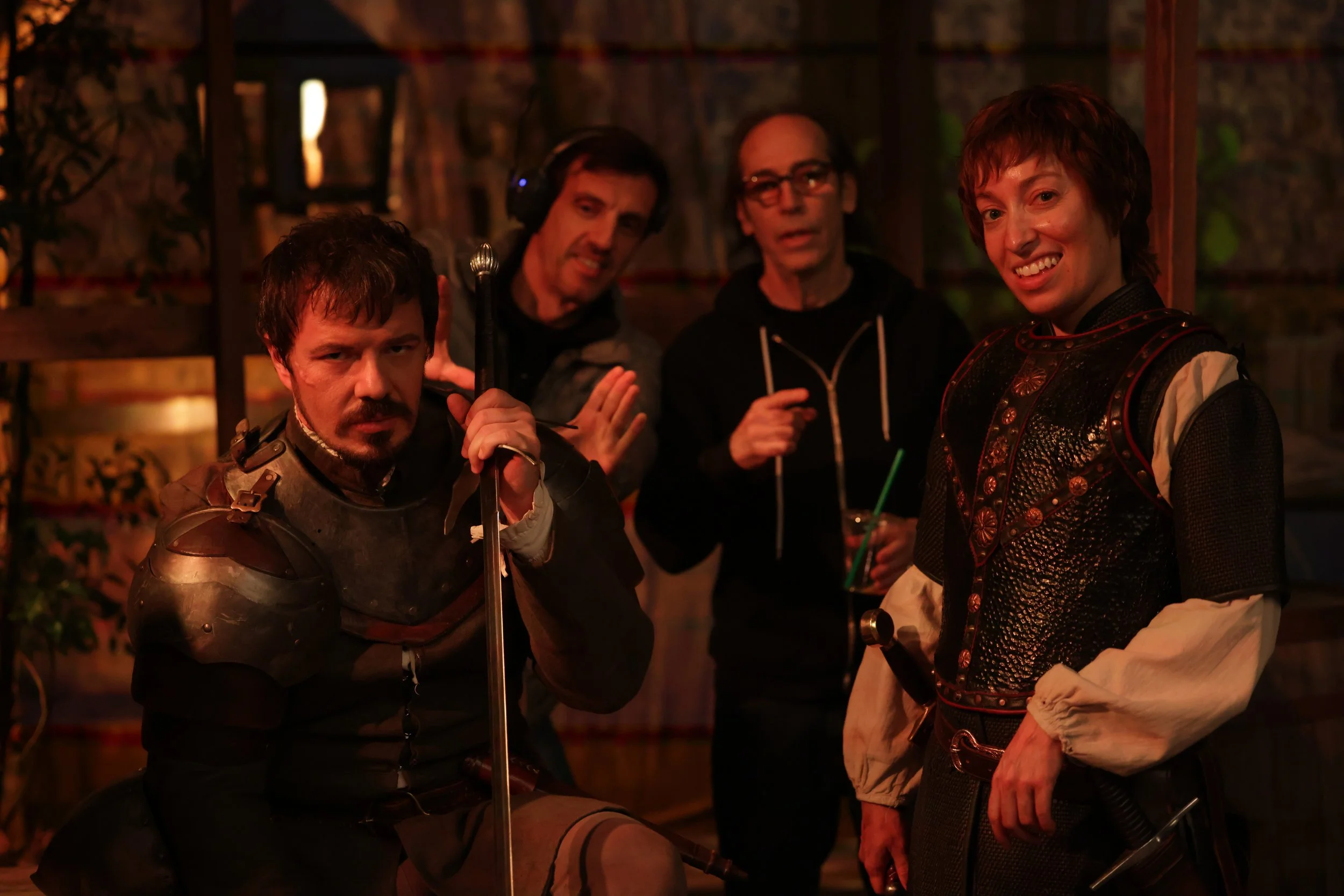  Leslie wearing armor, short, brown wig, backstage of  Plump Jack.  