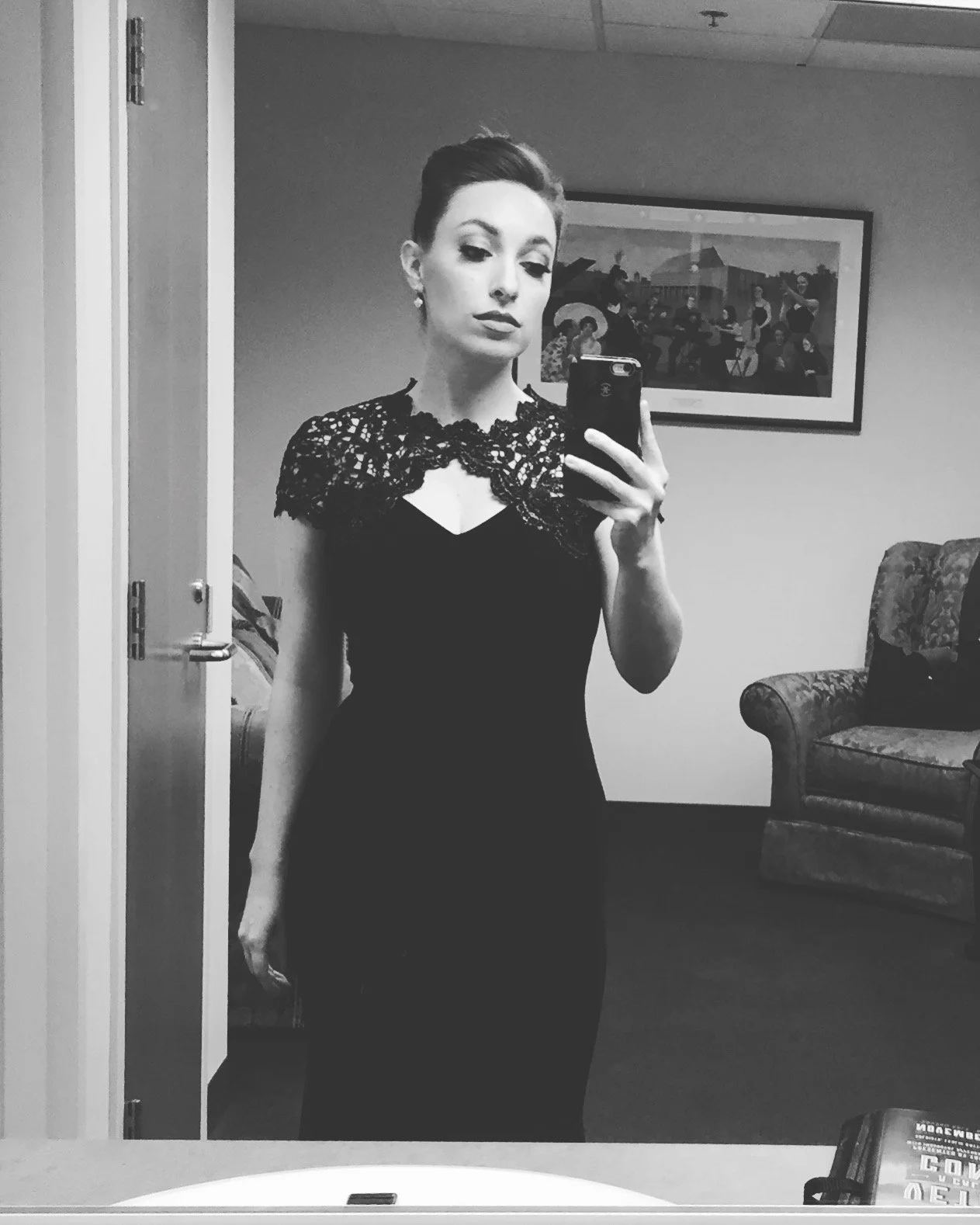  Leslie wearing black lace dress, backstage of Willamette Residency Recital. 
