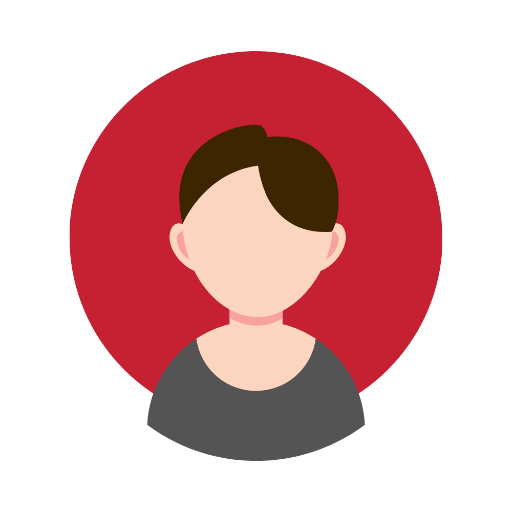 Simple digital avatar of a person with short brown hair, wearing a dark gray shirt, set against a red circular background.