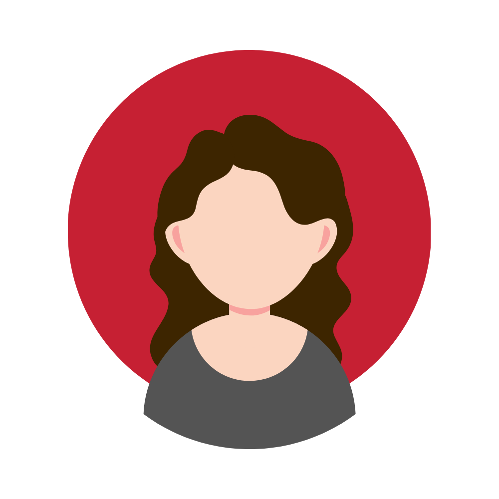 Illustration of a woman with wavy brown hair, wearing a dark gray top, with a red background.