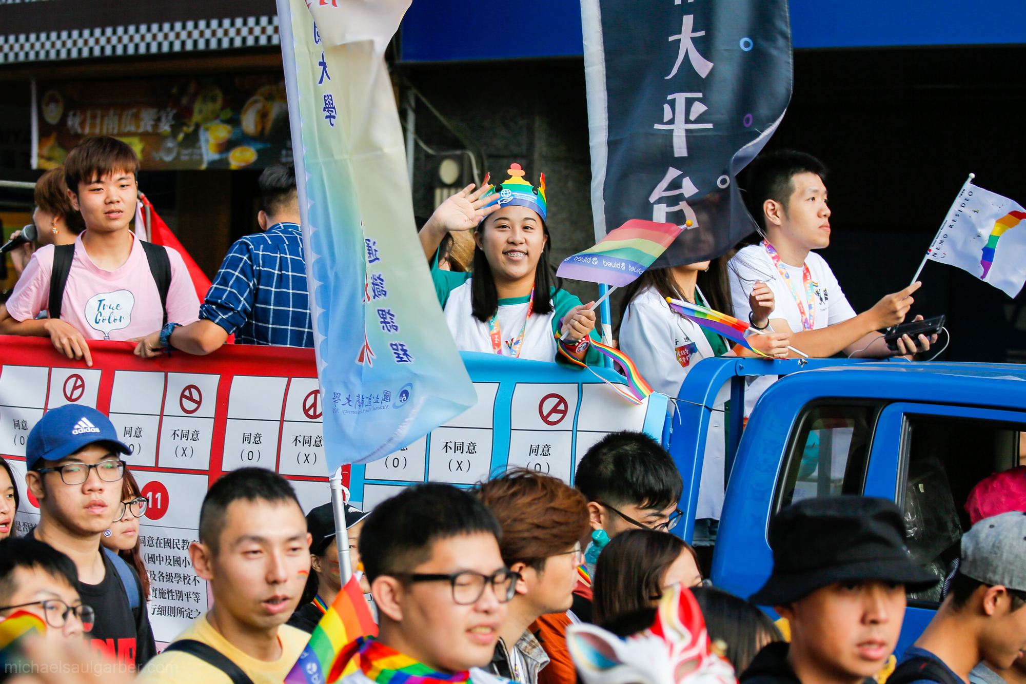 Ahead of the referendum on marriage equality, the sign on this truck reminds marchers how to vote, Taiwan Pride, 2018